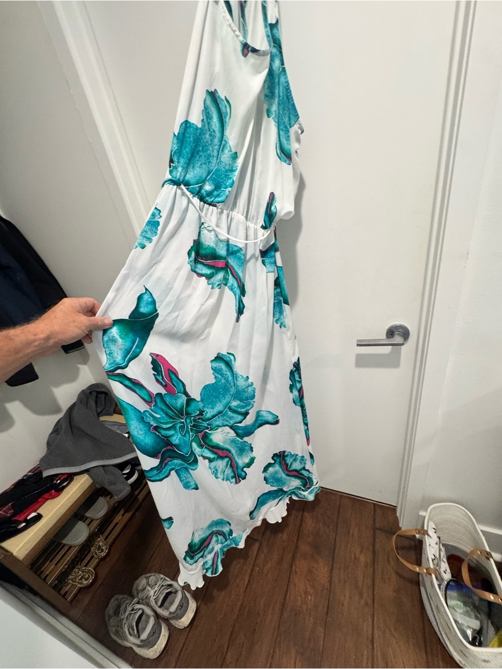 Sleeveless White High-Low Dress with Teal Floral Print